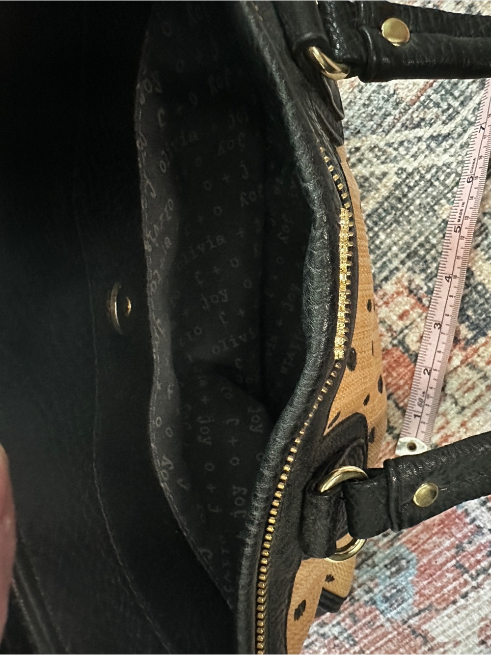 Olivia + Joy Tan Straw Tote with Black Polka Dots and Black Trim - Picture 3 of 9